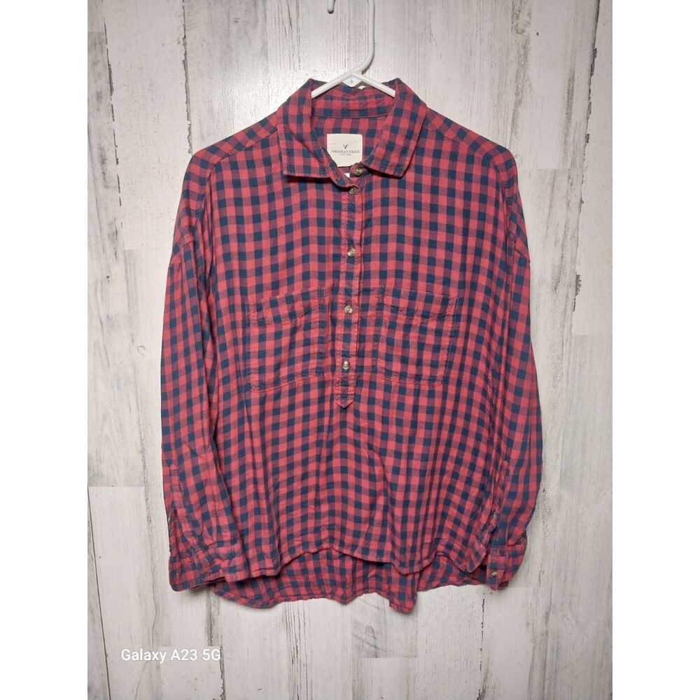 American Eagle Women's Small 1/2 Button Red Blue Check Lightweight Flannel Shirt